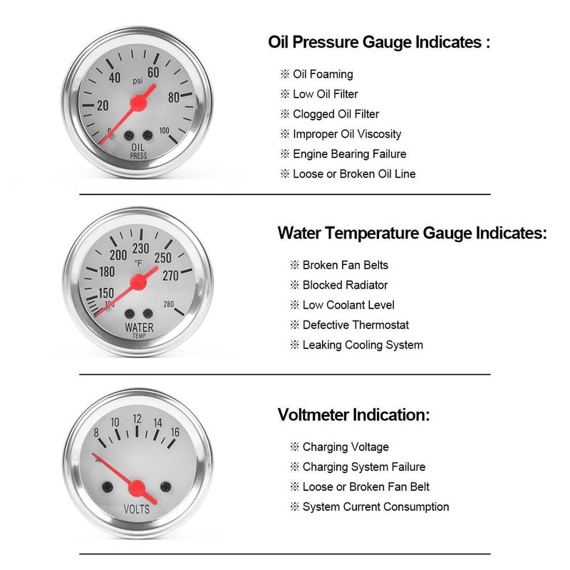 Dyno Racing 2inch 52MM Triple Gauge kit Volt Meter Water Temp Temperature Gauge Oil Press Pressure Gauge Car Meter Triple Gauge Set - Image 4